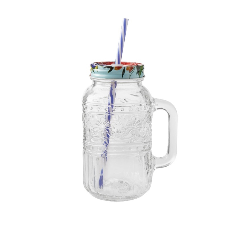 NEW The Pioneer Woman CASSIE CLEAR 32oz Glass Mason Jar Mug w/Lid & Straw